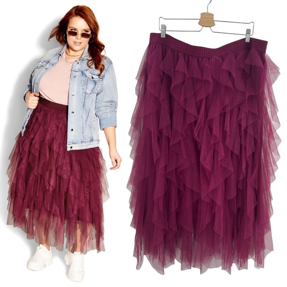 City Chic Wild Pixy Skirt Purple Pink Tulle Ruffle Midi Stretch Plus Size 22